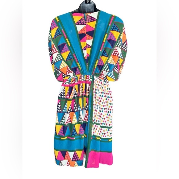 Maeve Anthropologie Semi Sheer Geometric Dress sz 4 V-Neck Cinch Shoulders Blue - Picture 10 of 11